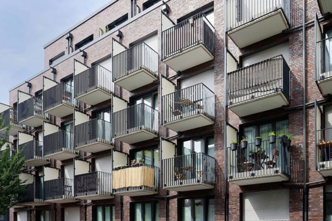 Many small balconies on a student hall of residence in Cologne Ehrenfeld