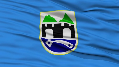 Closeup Sarajevo City Flag, Capital City of Bosnia, Waving in the Wind