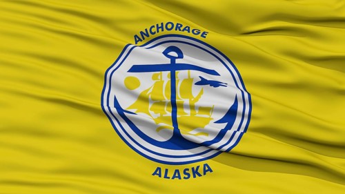 Closeup of Anchorage City Flag, Waving in the Wind, Alaska State, United States of America