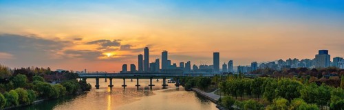 Seoul South Korea, sunrise city skyline of skyscraper at Yeouido and Han River