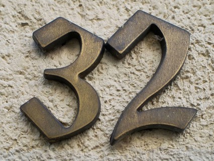 House number plate, number 32, digit, anniversary, birthday, North Rhine-Westphalia, Germany,