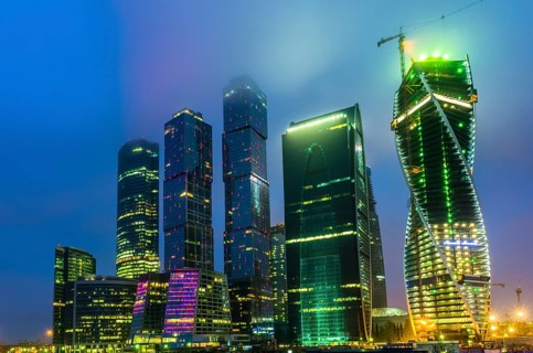 MOSCOW, RUSSIA, JANUARY 07: Night view on office buildings in Moscow City downtown on January 07,