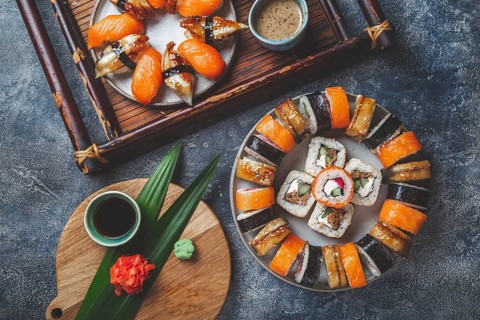 Food, Food, Sushi and rolls sets. Japonese food. top view