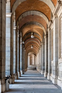Madrid, Spain, November 1, 2020: Arcade in the Royal Palace of Madrid. Plaza de la Armeria, Europe
