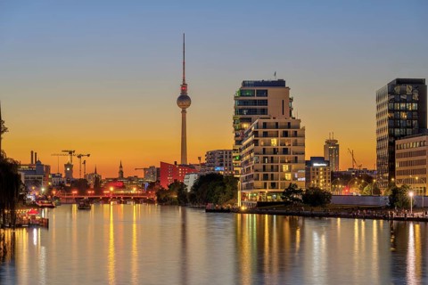 The Spree in Berlin after sunset with the famous television tower in the background