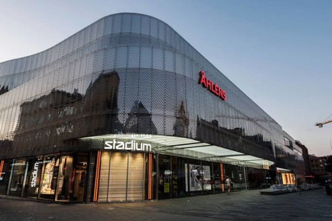 Uppsala, Uppland, Sweden, 07 27 2019 Contemporary glass and steel design of the Alens Stadium