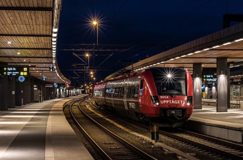 Uppsala, Uppland, Sweden, 07 27 2019 Train waiting at the platform at the Uppsala railwaytation by