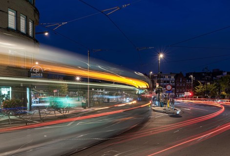Berchem-Sainte- Agathe, Brussels Capital Region- Belgium, 10 10 2021: Light trails of a tramway
