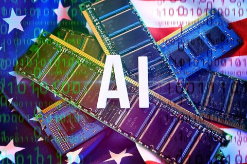 AI lettering on computer chips and USA flag, symbolic photo for the American AI project Stargate,