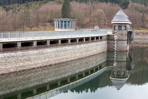 Dam of the Lister Reservoir, turbine tower at Bigge Reservoir hydroelectric power station, Olpe,