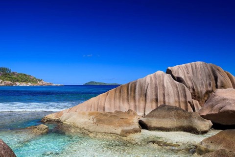 La Digue, Palm tree beach, Seychelles, Indian Ocean, Palm trees, Rocks, La Digue, Indian Ocean,