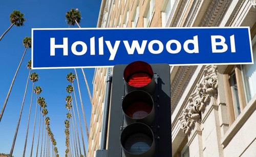 Hollywood Boulevard redlight sign illustration on palm trees background