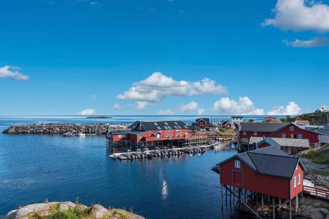 Town centre with Brygga Restaurant, Vestfjord in the background, A i Lofoten, Moskenesoy, Lofoten,
