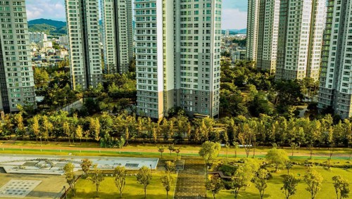 Daejeon, South Korea, September 24, 2020: For editorial use only Aerial view of park with fountain
