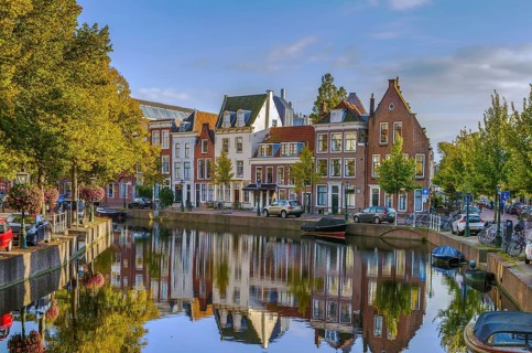 Cityscape of Leiden with channel in city center, Netherlands