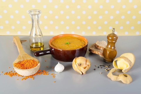 Home made vegetarian lentil soup with ingredients