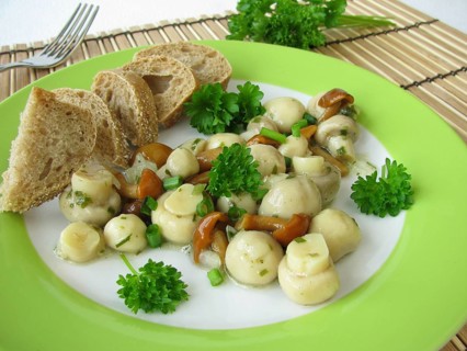 Mushroom salad with button mushrooms and mallard mushrooms
