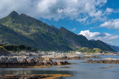 Landscape with rocky coast at the Vestfjord, Sorvagen, Lofoten, Norway, Europe