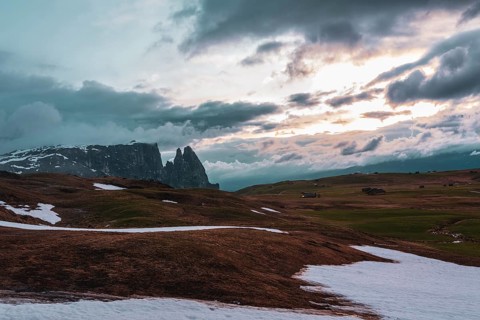 Panoramic view of Mount Sciliar from Alpe di Siusi in the Dolomites in South Tyrol, Italy, Europe
