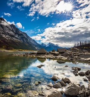 The shoaled Medicine Lake. Jasper national park, Canada, North America
