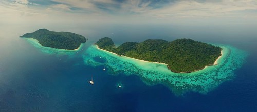 Aerial top panorama view of beauty nature landscape with beach, corals and sea on tropical Koh Rok