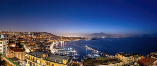 Panorama of Naples with Mount Vesuvius in the background at night