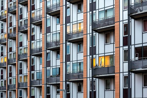 Leuven, Flemish Brabant Region, Belgium, 01 29 2022: Detail of windows and balconies at a social