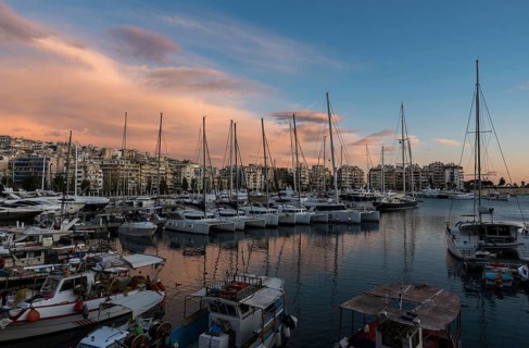 Freattyda, Athens, Greece, 12 28 2019 Golden hour landscape view over the marina of Piraeus with