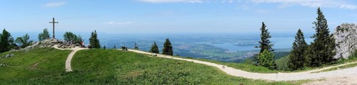 Upper Bavaria, Chiemgau Alps, Germany, June 4, 2022, panoramic view with KAB mountain cross