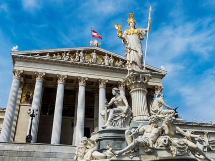 The parliament in Vienna, Austria. With the statue of Pallas Athena, the Greek goddess of wisdom.