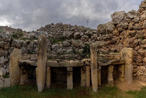 Xaghra, Malta, 20 December, 2023: detail view of the neolithic temple ruins of Ggantija on Gozo