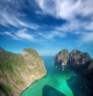 Aerial view on Maya bay, Phi Phi Leh island, Krabi, Thailand, Asia