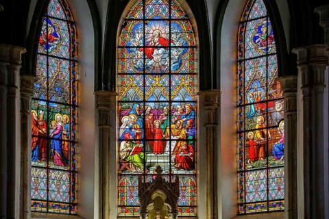 Colorful glass paintings in the church of Sanctuary Caraca, Minas Gerais, Brazil, South America