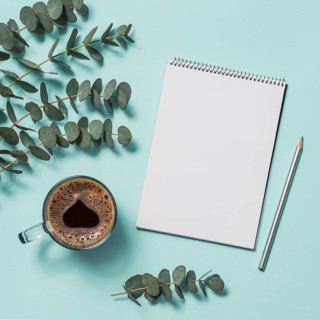 Blank paper notebook with pencil and coffee cup. Empty paper sketchbook with pincil and eucalyptus