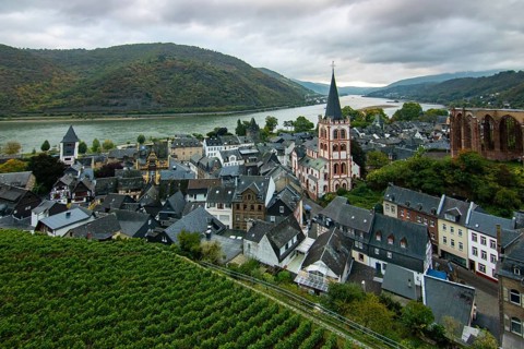 Half-timbered houses in a small village. Morning in the wine-growing region on the Rhine,