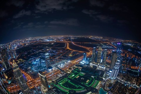 Dubai night view seen from the observation deck of Burj Khalifa. Shooting Location: Dubai