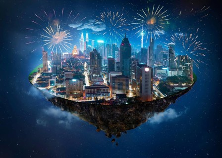 Fantasy island floating in the air with modern city skyline and lake garden, Night scene with