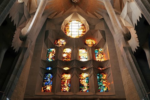 Barcelona, Spain - 15 December 2019: Stained windows from inside the Sagrada Familia in Barcelona,
