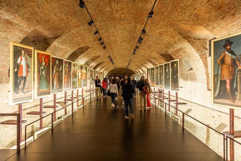 Venaria Reale, Turin, Italy, 16 July 2023: old gallery, museum with paintings perspective, Europe