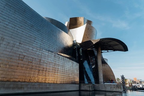Bilbao, Spain, February 13, 2022: Exterior view of Guggenheim Museum designed built by Frank Gehry