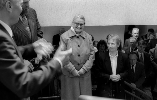 Germany, Stepnitz, 30.04.1992, Brandenburg Minister of Labour Regine Hildebrandt (right) at an