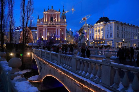 Presernov Square at Christmas time with the Church of the Annunciation of the Franciscan Monastery,