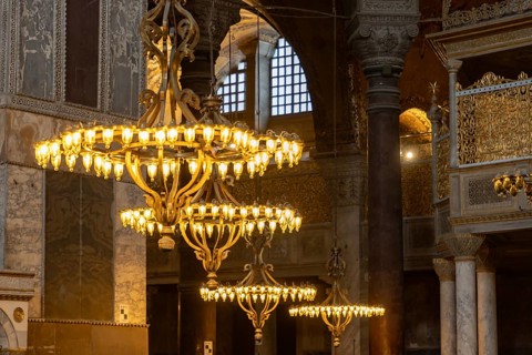 A picture of the colorful and gorgeous interior of the Hagia Sophia, in Istanbul