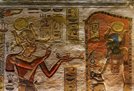 Ancient color egypt images and hieroglyphics on wall