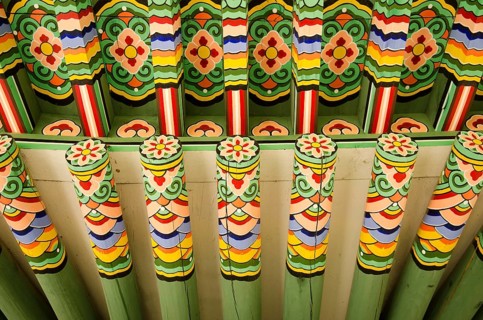 Detail of wooden painted palace building seoul south korea