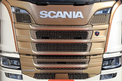 FORSSA, FINLAND, MAY 1, 2017: Detail of Next Generation Scania R500 semi truck front in colors of