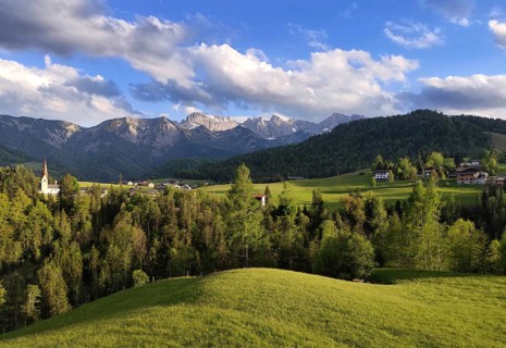 Panoramic view of Steinberg am Rofan, with the Rofanspitze 2259 m, Tyrol, Austria, Europe