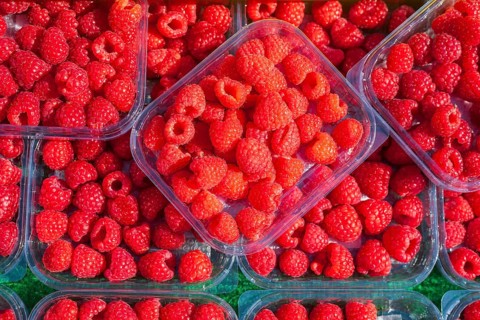 Fresh raspberries in trays on a market stall for sale, Bremen, Germany, Europe