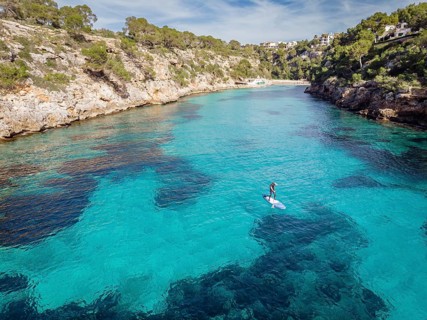 Paddle surf in Cala pi, Llucmajor, Majorca, Balearic Islands, Spain, Europe