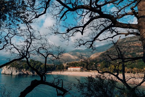The park Milocer, Villa, beach Queen. Near the island of Sveti Stefan in Montenegro. Wide frame